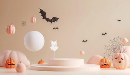 A Halloween scene with bats and pumpkins