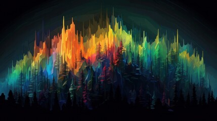 Colorful abstract mountain landscape with vibrant colors and a dark background