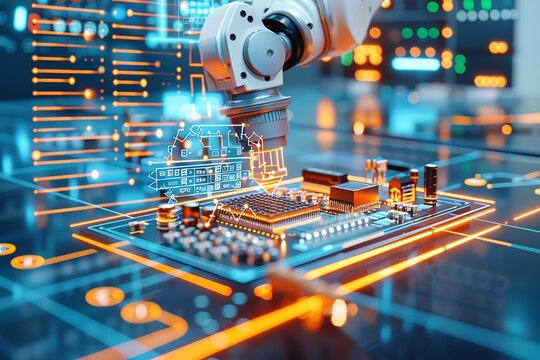 A robotic arm assembling electronic components, with digital schematics floating nearby, copy space for text, focus cover all object, deep depth of field,