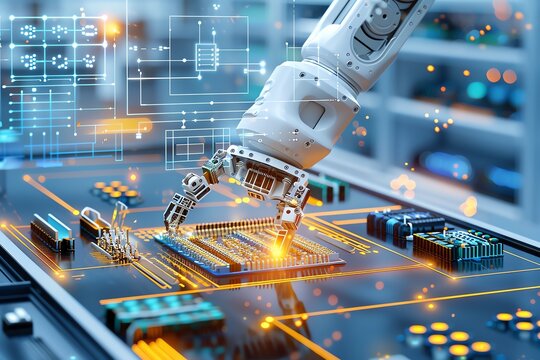 A robotic arm assembling electronic components, with digital schematics floating nearby, copy space for text, focus cover all object, deep depth of field,