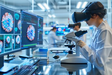 A modern medical lab with researchers using digital microscopes and virtual reality headsets to analyze samples