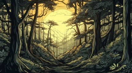 Obraz premium Mystical moonlit forest path with overgrown vegetation and vibrant colors