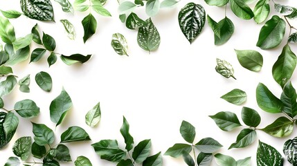 Beautiful composition layout, frame of fresh juicy textured green leaves with copy space, isolated on white background, flat lay, nature concept, close-up macro. 