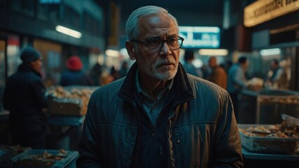 Fototapeta premium An elderly man wearing glasses and a jacket shops in a busy indoor market, surrounded by various food stalls. 