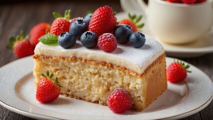 A delicious slice of vanilla cake topped with fresh strawberries, blueberries, and raspberries, elegantly presented on a white plate.
