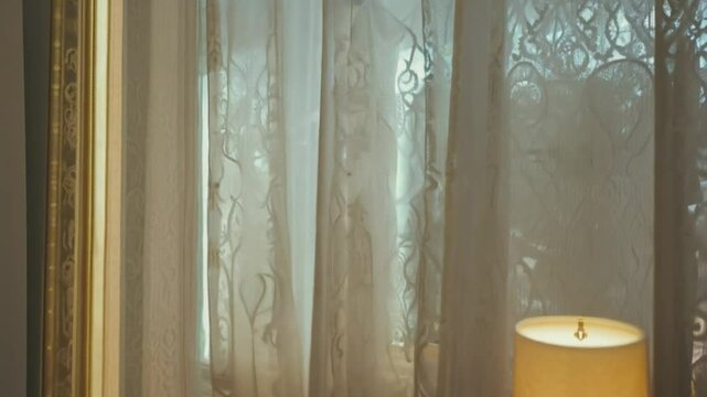 Sheer lace curtains with intricate patterns.