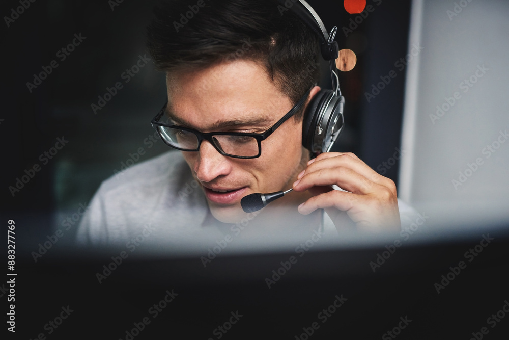 Poster call center, man and computer with headphones for customer service with communication and faq suppor