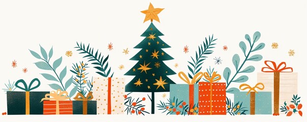 Holiday tree sparkling with decorations and a golden star accompanied by a generous array of wrapped gifts evoking the joy and warmth of Christmas