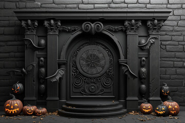 A black fireplace with a clock and bats on it