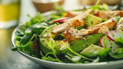 Fresh salad with chicken, avocado, radish, and greens in a bowl, seasoned with dressing.