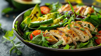 Fresh grilled chicken salad with avocado, tomatoes, and leafy greens.