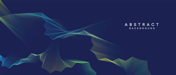 Abstract dark blue, purple geometric digital future technology flowing line background. Yellow-green-navy blue gradient wave lines texture web banner background for cover, header, poster, slide