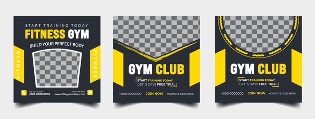 Gym fitness social media post banner template set, Sports social media square banner, gym Workout, fitness exercise social media  promotional design.