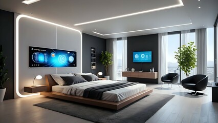 Modern bedroom with a futuristic feel, sleek bed, large windows and smart home control screen.