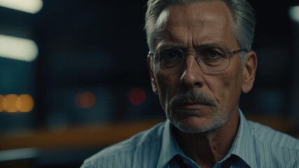 Obraz premium A serious older man wearing glasses looks intently ahead, illuminated by city lights in an urban evening setting. 