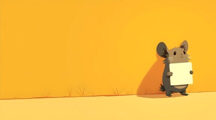 Fototapeta premium Cute Cartoon Animal Figure Holding Placeholder Poster in Minimal Yellow Backdrop