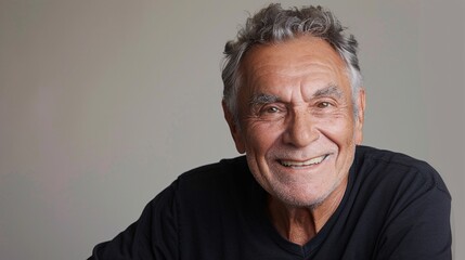 Obraz premium An older male actor with laugh lines around his eyes smiles warmly at the camera, radiating charisma and experience against a light gray background.