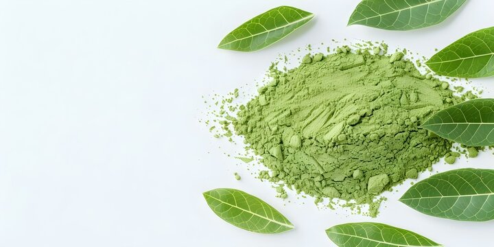 Closeup of organic senna leaf powder on white background selective focus. Concept Closeup Photography, Organic Powder, Senna Leaf, White Background, Selective Focus