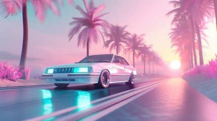 A car is driving down a road in a tropical setting