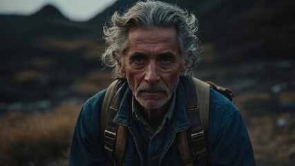 Fototapeta premium An elderly man with a serious expression hiking in a rugged mountain landscape, wearing a backpack and denim jacket. 