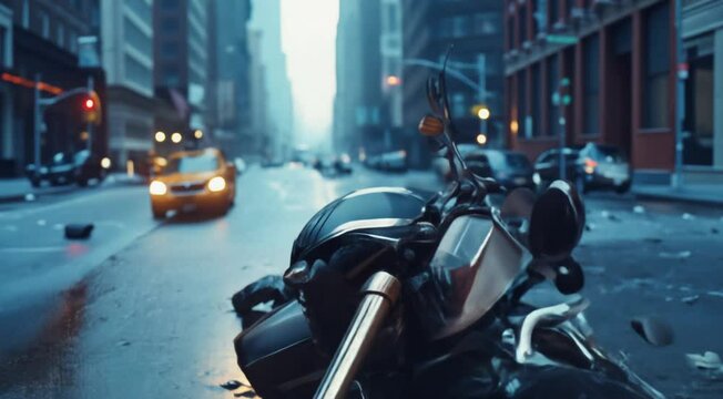 A dramatic scene of a crashed motorcycle lying on a wet city street, surrounded by debris.