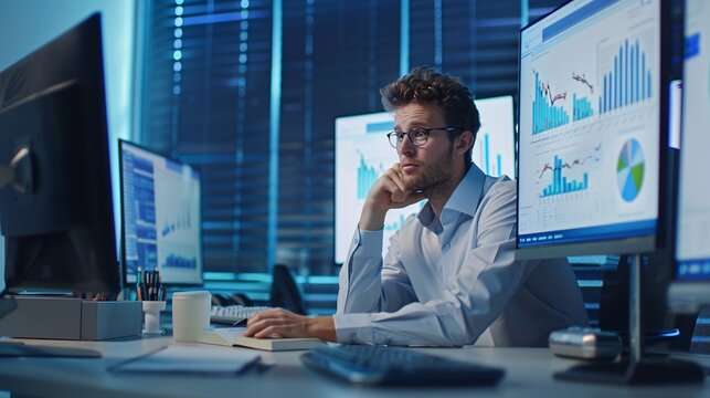A young actuary sits at a desk in a modern office, deeply engrossed in analyzing data on multiple computer screens against a light blue background.