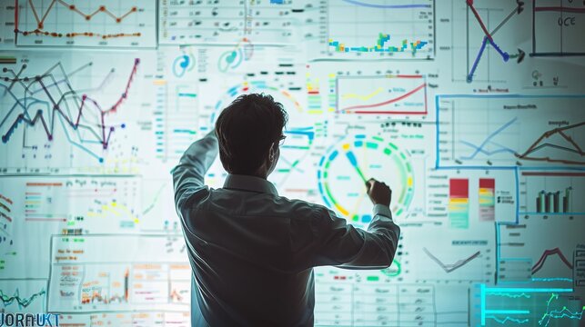 An actuary stands in front of a whiteboard filled with complex formulas and graphs, pointing to a specific figure during a presentation.