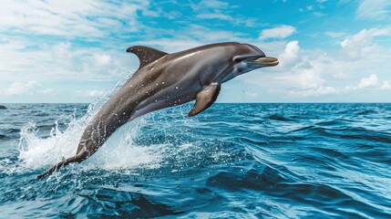Fototapeta premium Dolphins jumping out of the water with blue sky. Cute animal. Mammal 