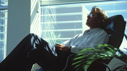 A thoughtful actuary leans back in an office chair, contemplating a complex problem while reviewing actuarial tables and reports.
