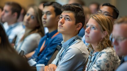 A group of young professionals attend an actuarial seminar, listening attentively to the speaker and taking notes for professional development.