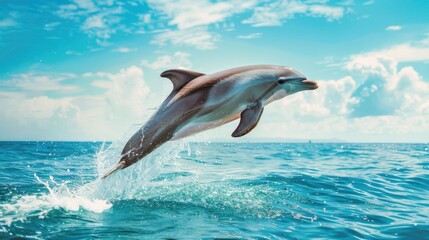 Dolphins jumping out of the water with blue sky. Cute animal. Mammal 