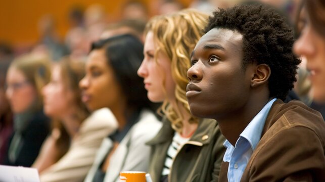 A group of young professionals attend an actuarial seminar, listening attentively to the speaker and taking notes for professional development.