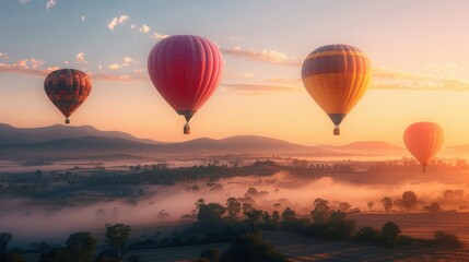 Fototapeta premium Vibrant hot air balloons at sunrise, aerial photography, with copy space