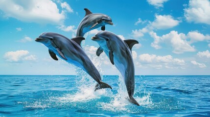 Obraz premium Dolphins jumping out of the water with blue sky. Cute animal. Mammal 