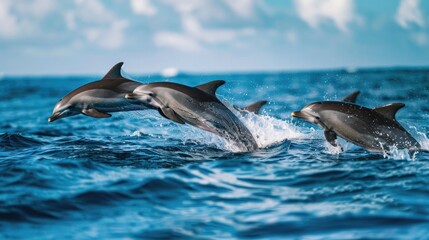 Fototapeta premium Dolphins jumping out of the water with blue sky. Cute animal. Mammal 
