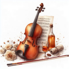 Fototapeta premium 흰 배경, 바이올린, 수채화 (white background, violin, water colour)