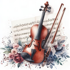 Fototapeta premium 흰 배경, 바이올린, 수채화 (white background, violin, water colour)