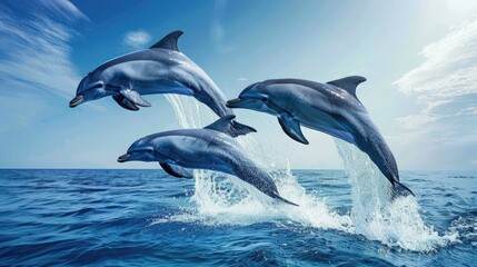 Fototapeta premium Dolphins jumping out of the water with blue sky. Cute animal. Mammal 