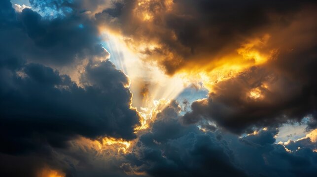 Silver Lining Emerges: Dramatic Sunrays Piercing Through Dark Storm Clouds in a Striking Contrast of Light and Shadow