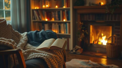 Obraz premium Cozy fireside reading nook with single sofa and a blanket, with copy space, 