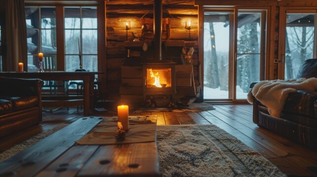 Cozy winter cabin interior, with a fireplace, single chaira and a blankket