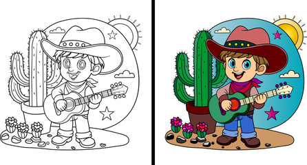  Boy dressed as a cowboy with a guitar. Coloring page. Vector illustration.