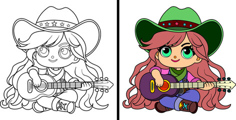  Girl dressed as a cowboy with a guitar. Coloring page. Vector illustration.