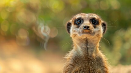 Fototapeta premium Curious meerkat standing on a field, soft natural light, with copy space