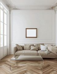 Minimalist Living Room with Glass Coffee Table and Beige Sofa.