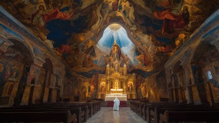 Obraz premium A priest stands in a lavish church interior adorned with intricate frescoes, emphasizing the grandeur and spiritual ambiance of the space. 