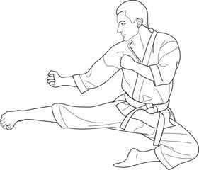 Man in Karate Pose, Fast kick fighting technique, Hand drawn in thin line style