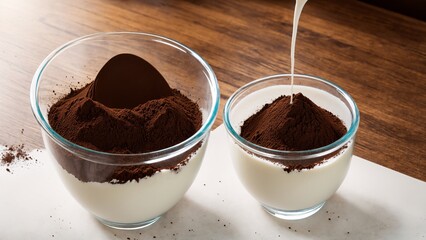 Milk swirling in a transparent mixing bowl with chocolate powder