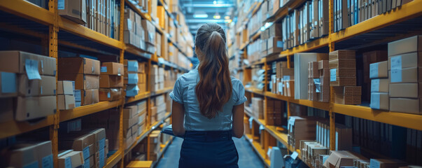 Fototapeta premium Woman Walking Through Warehouse Aisle with Shelves Full of Boxes and Packages in Industrial Storage Facility