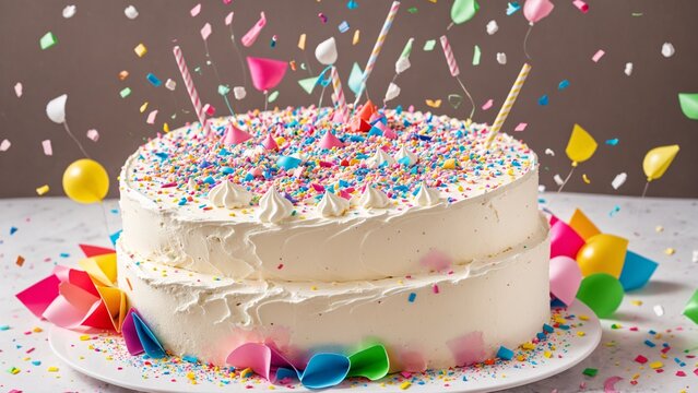 Milk confetti explosion celebrating over birthday cake